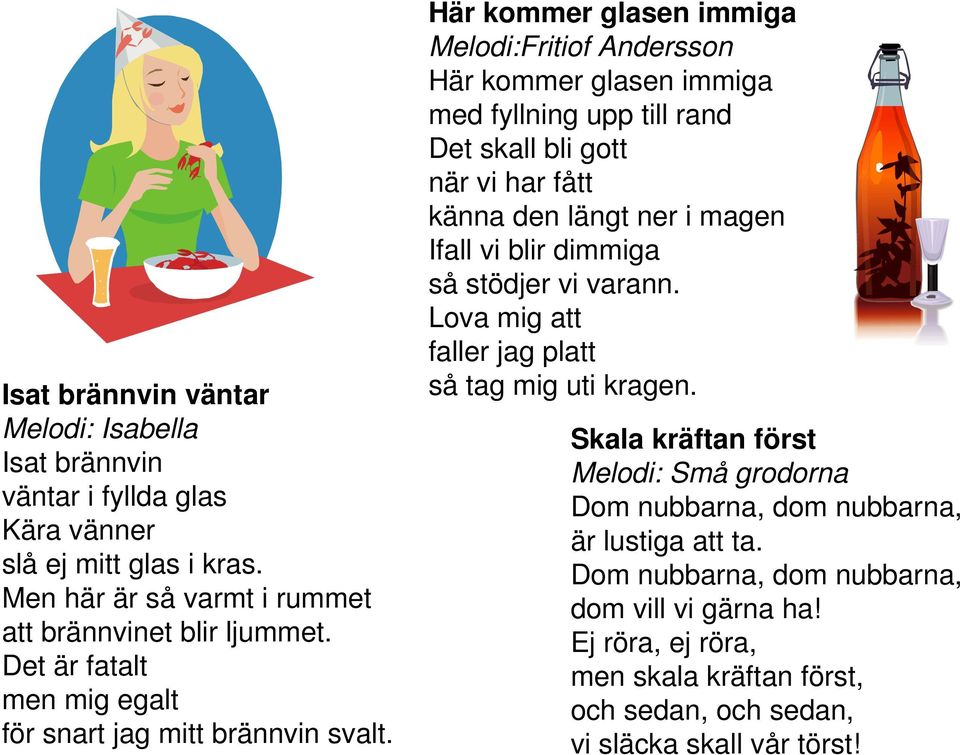 Här kommer glasen immiga Melodi:Fritiof Andersson Här kommer glasen immiga med fyllning upp till rand Det skall bli gott när vi har fått känna den längt ner i magen Ifall vi blir