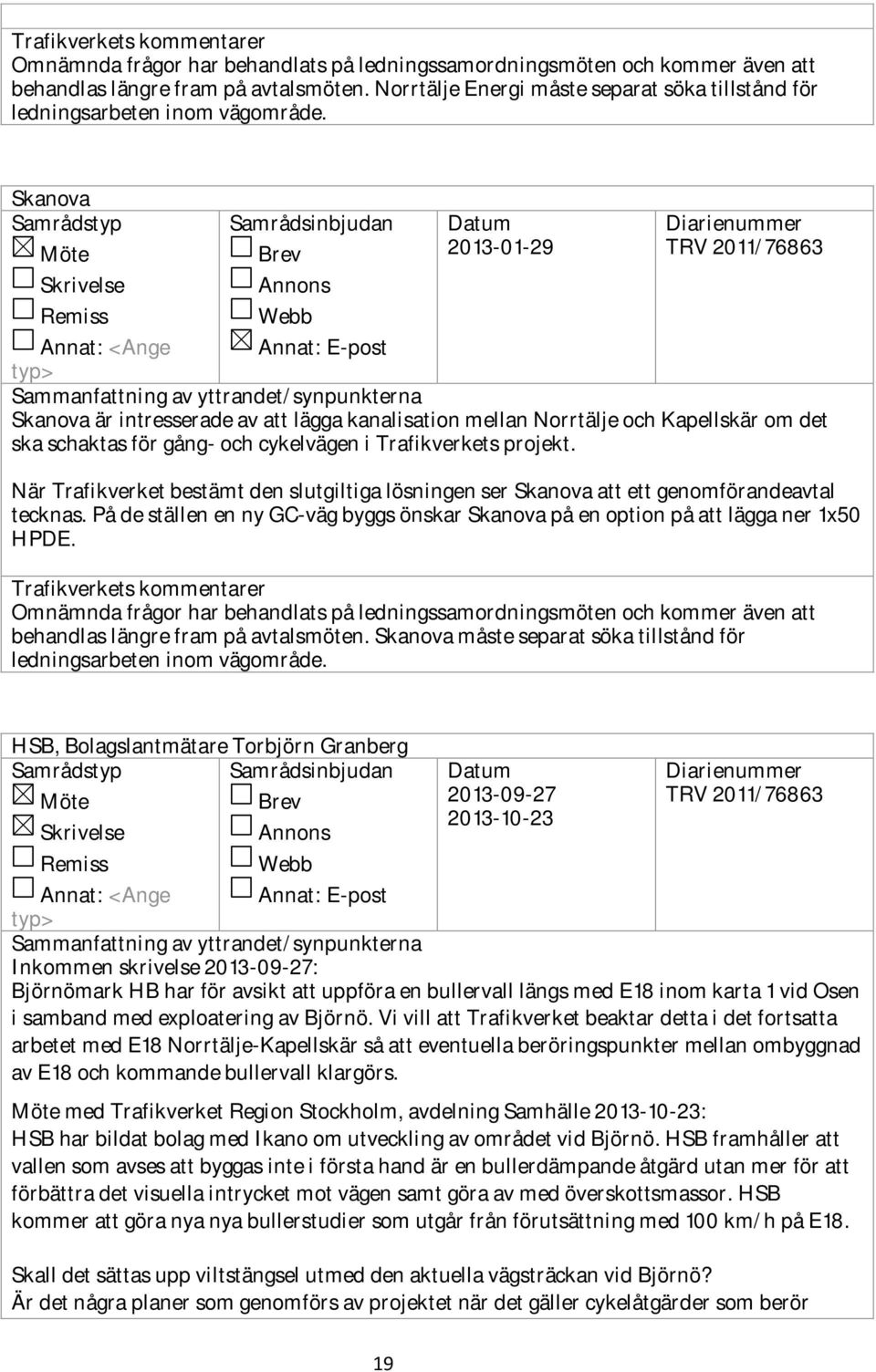 Skanova Samrådstyp Möte Skrivelse Remiss Samrådsinbjudan Brev Annons Webb Datum 2013-01-29 Diarienummer TRV 2011/76863 Annat: <Ange Annat: E-post typ> Sammanfattning av yttrandet/synpunkterna Skanova