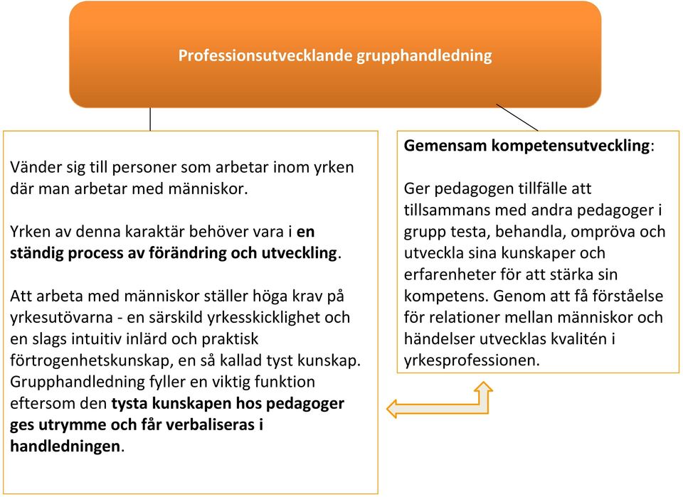 Att arbeta med människor ställer höga krav på yrkesutövarna - en särskild yrkesskicklighet och en slags intuitiv inlärd och praktisk förtrogenhetskunskap, en så kallad tyst kunskap.