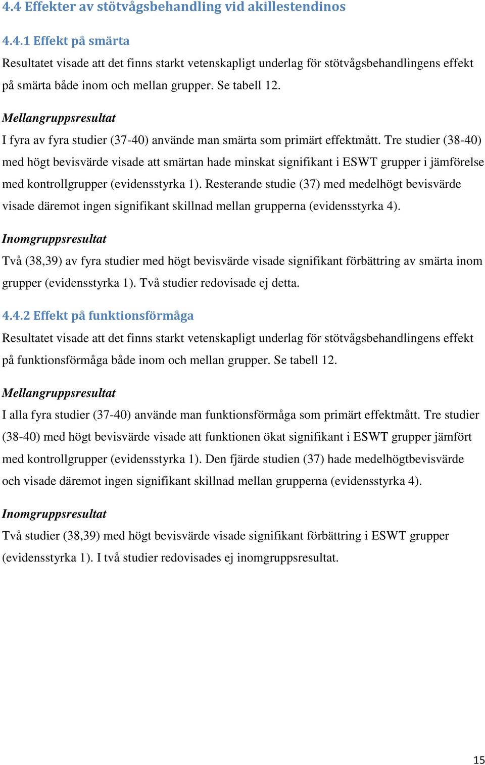 Tre studier (38-40) med högt bevisvärde visade att smärtan hade minskat signifikant i ESWT grupper i jämförelse med kontrollgrupper (evidensstyrka 1).