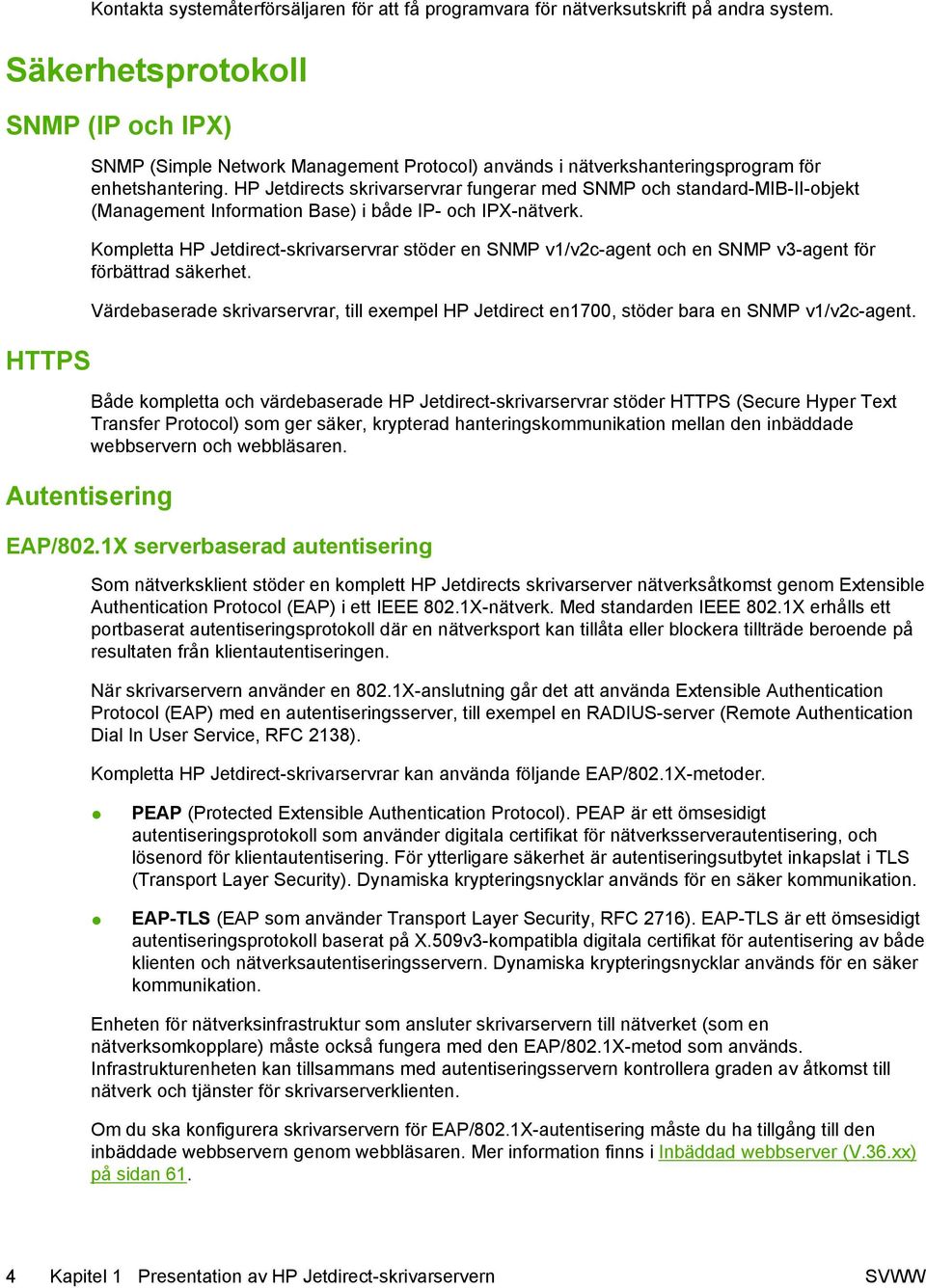 HP Jetdirects skrivarservrar fungerar med SNMP och standard-mib-ii-objekt (Management Information Base) i både IP- och IPX-nätverk.