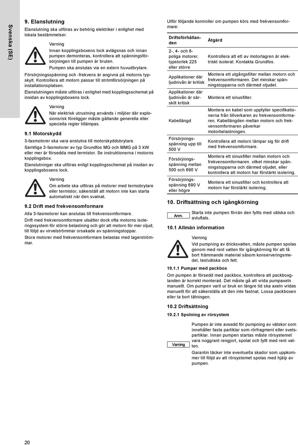 1 Motorskydd Innan kopplingsboxens lock avlägsnas och innan pumpen demonteras, kontrollera att spänningsförsörjningen till pumpen är bruten. Pumpen ska anslutas via en extern huvudbrytare.