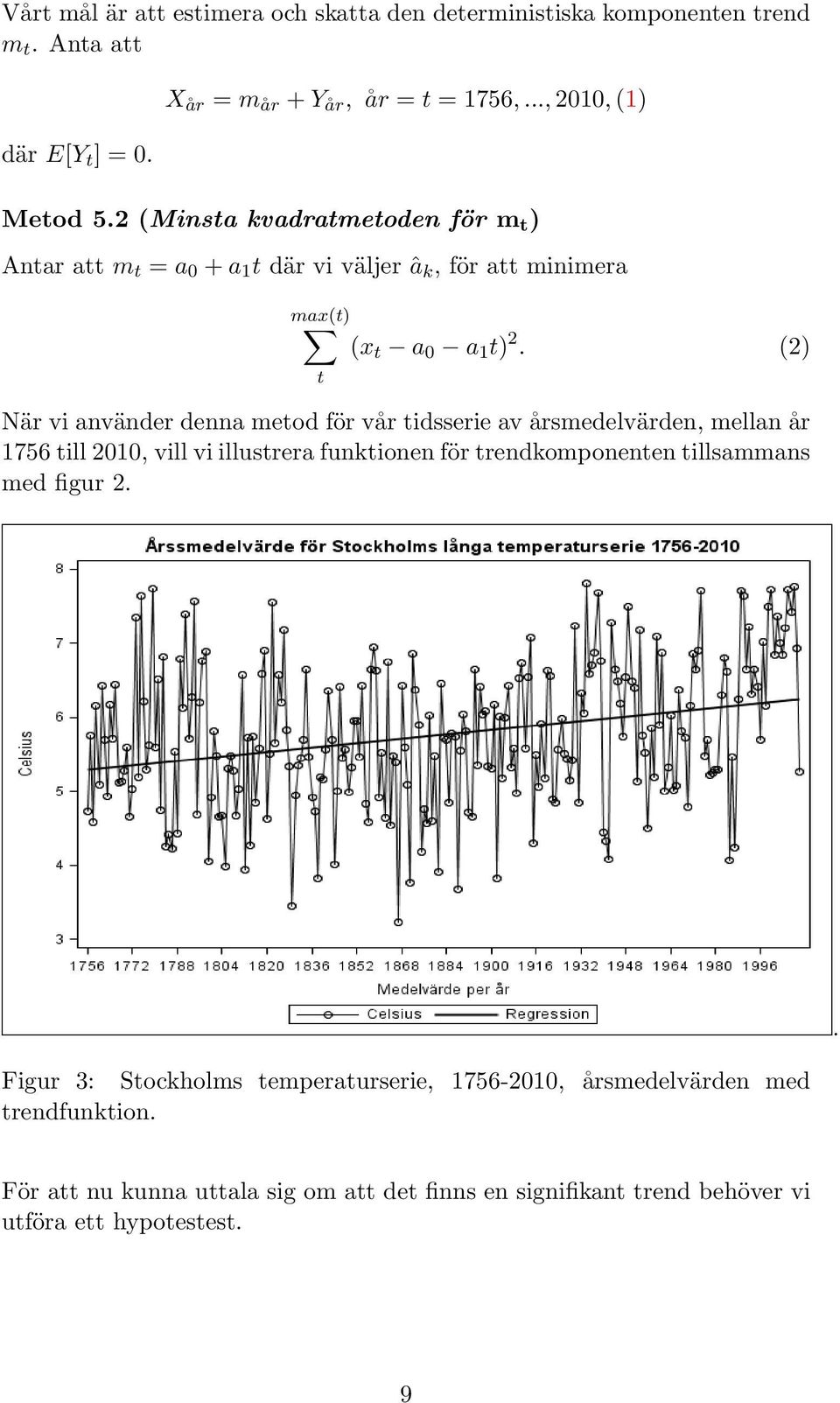 (2) När vi använder denna metod för vår tidsserie av årsmedelvärden, mellan år 1756 till 2010, vill vi illustrera funktionen för trendkomponenten tillsammans