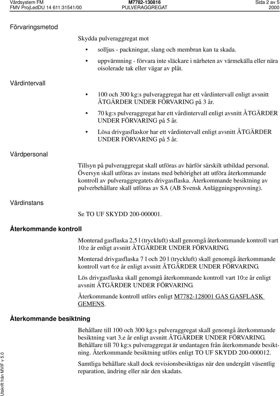 100 och 300 kg:s pulveraggregat har ett vårdintervall enligt avsnitt ÅTGÄRDER UNDER FÖRVARING på 3 år. 70 kg:s pulveraggregat har ett vårdintervall enligt avsnitt ÅTGÄRDER UNDER FÖRVARING på 5 år.