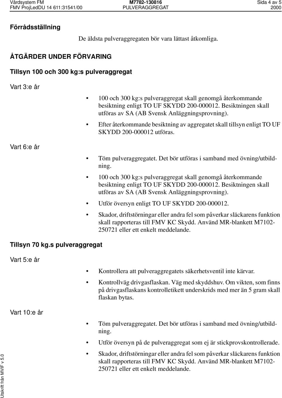 Besiktningen skall utföras av SA (AB Svensk Anläggningsprovning). Efter återkommande besiktning av aggregatet skall tillsyn enligt TO UF SKYDD 200-000012 utföras. Töm pulveraggregatet.