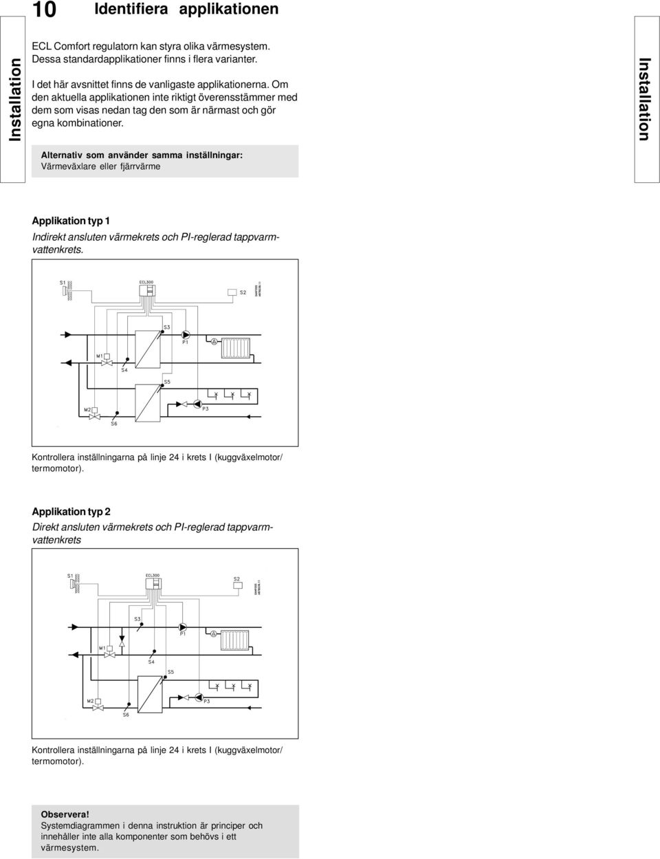 Installation Alternativ som använder samma inställningar: Värmeväxlare eller fjärrvärme Applikation typ Indirekt ansluten värmekrets och PI-reglerad tappvarmvattenkrets.