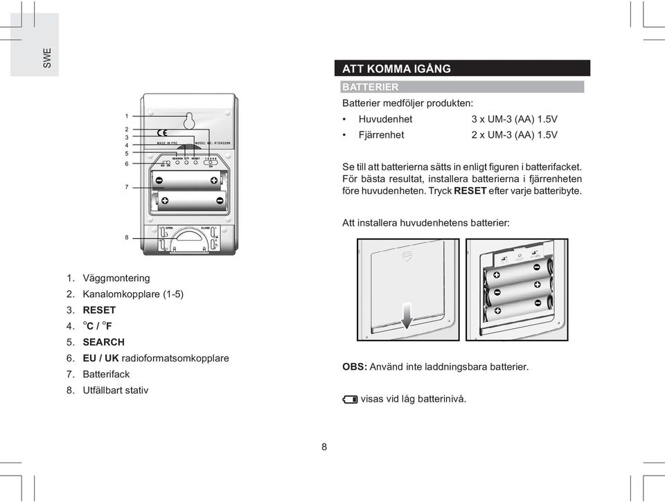 För bästa resultat, installera batterierna i fjärrenheten före huvudenheten. Tryck RESET efter varje batteribyte.