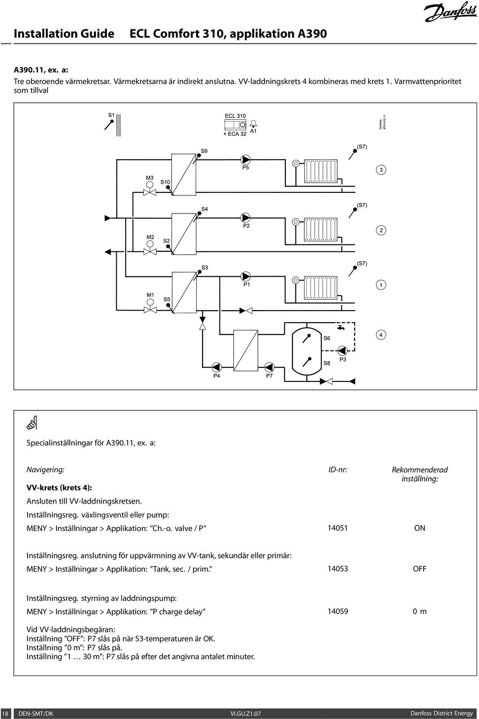 anslutning för uppvärmning av VV-tank, sekundär eller primär: MENY > Inställningar > Applikation: Tank, sec. / prim. 14053 OFF Inställningsreg.