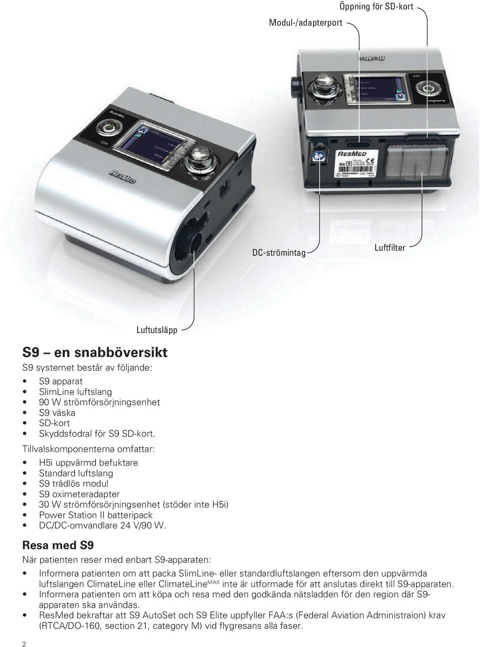 Tillvalskomponenterna omfattar: H5i uppvärmd befuktare Standard luftslang S9 trådlös modul S9 oximeteradapter 30 W strömförsörjningsenhet (stöder inte H5i) Power Station II batteripack