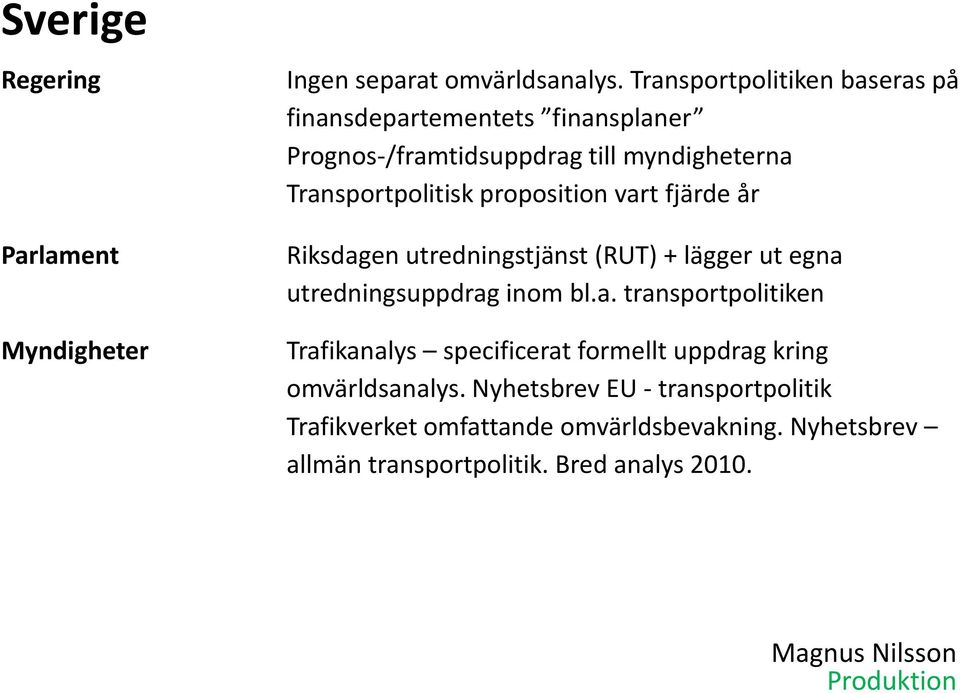 Transportpolitisk proposition vart fjärde år Riksdagen utredningstjänst (RUT) + lägger ut egna utredningsuppdrag inom bl.