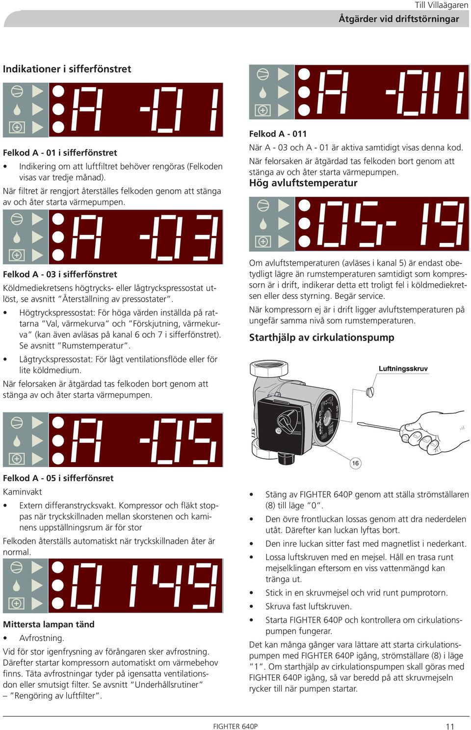 När filtret är rengjort återställes felkoden genom att stänga av och åter starta värmepumpen. Felkod A - 0 När A - 03 och A - 0 är aktiva samtidigt visas denna kod.