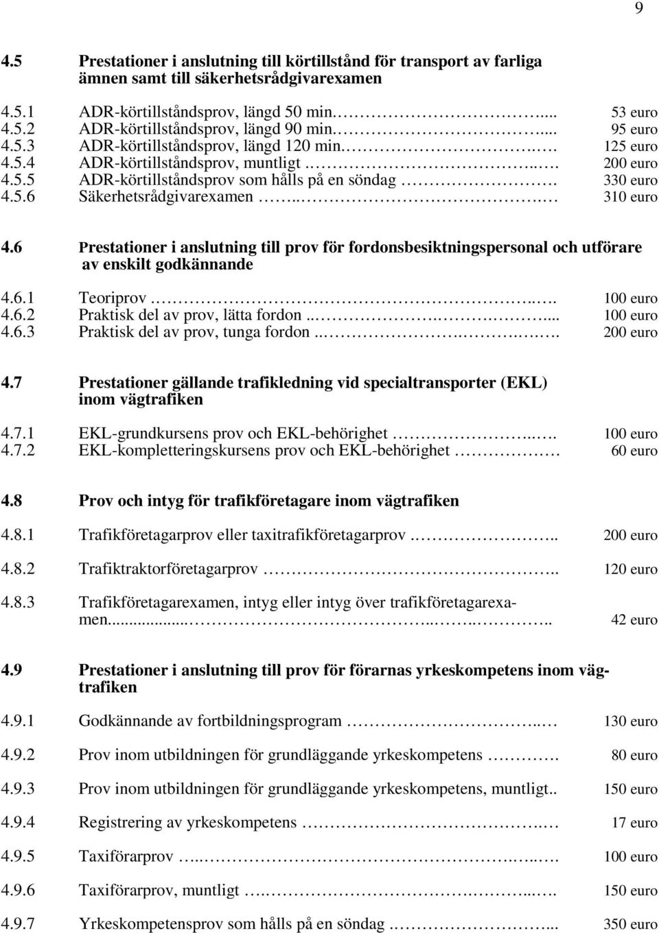 .. 310 euro 4.6 Prestationer i anslutning till prov för fordonsbesiktningspersonal och utförare av enskilt godkännande 4.6.1 Teoriprov.... 100 euro 4.6.2 Praktisk del av prov, lätta fordon.