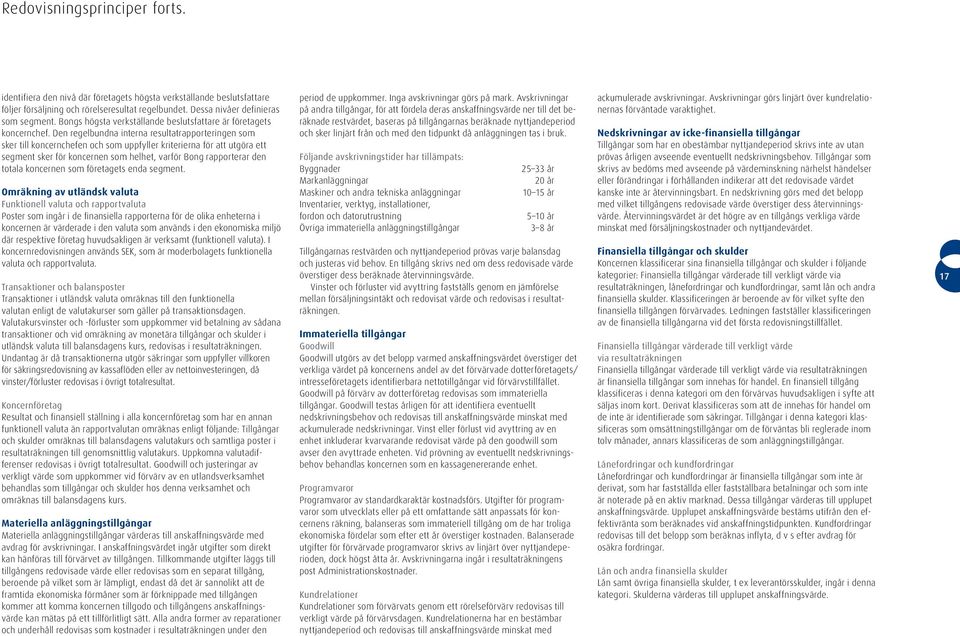 Den regelbundna interna resultatrapporteringen som sker till koncernchefen och som uppfyller kriterierna för att utgöra ett segment sker för koncernen som helhet, varför Bong rapporterar den totala