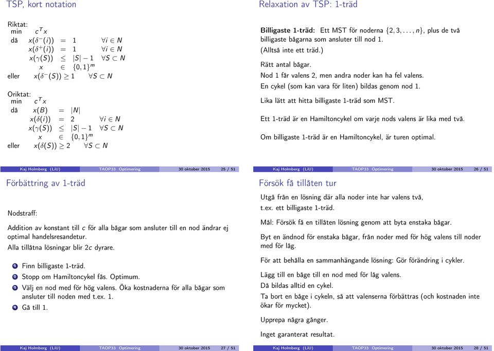 Nod får valens, men andra noder kan ha fel valens. En cykel (som kan vara för liten) bildas genom nod. Lika lätt att hitta billigaste -träd som MST.