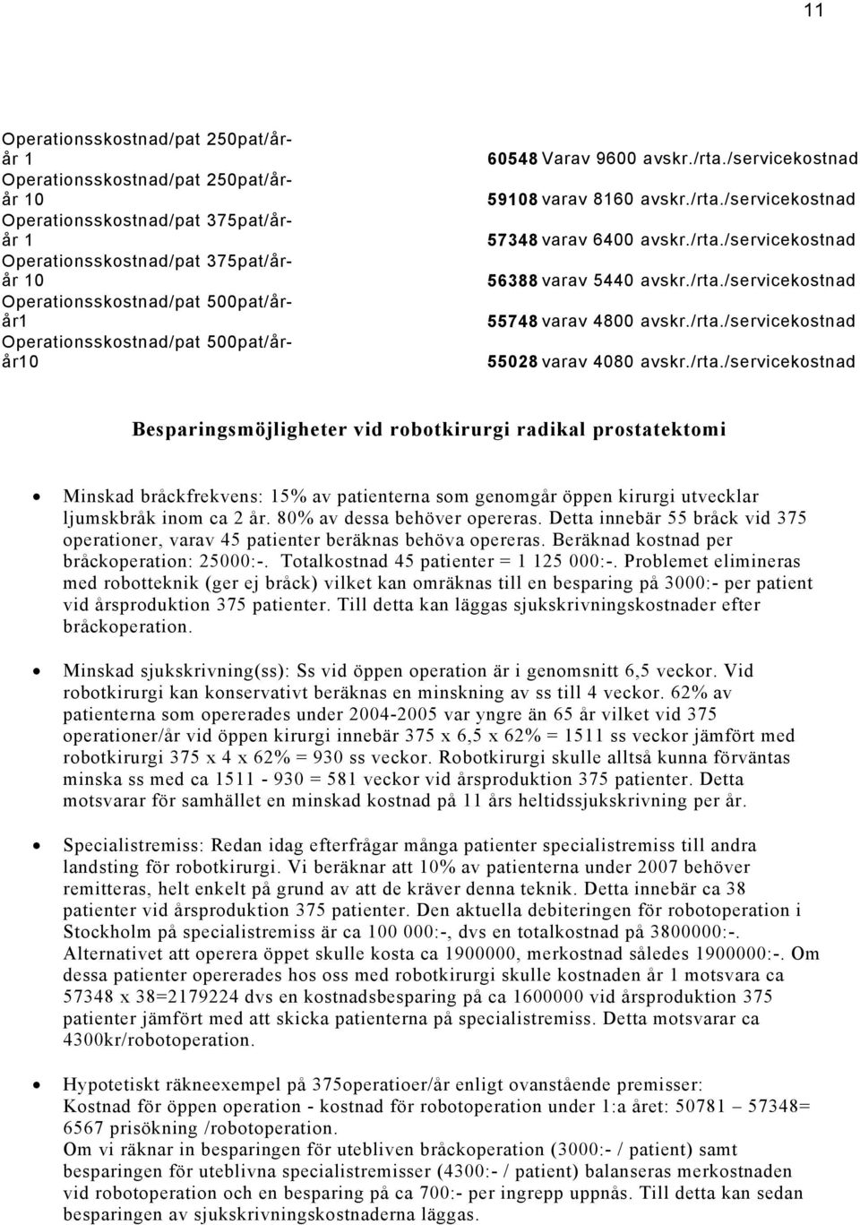 /rta./servicekostnad 55028 varav 4080 avskr./rta./servicekostnad Besparingsmöjligheter vid robotkirurgi radikal prostatektomi Minskad bråckfrekvens: 15% av patienterna som genomgår öppen kirurgi utvecklar ljumskbråk inom ca 2 år.