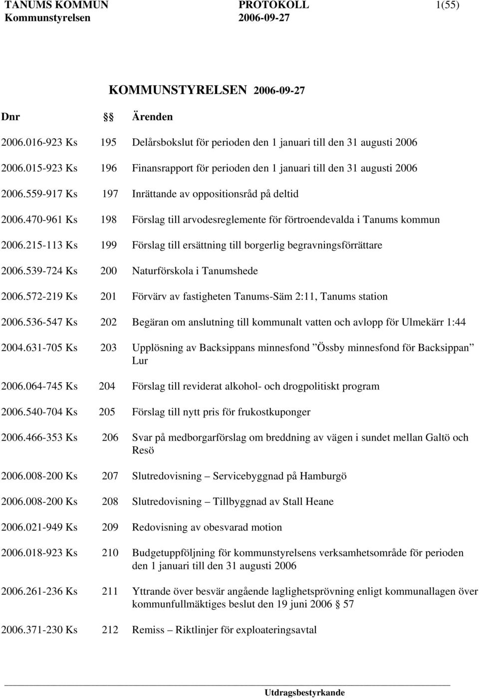 470-961 Ks 198 Förslag till arvodesreglemente för förtroendevalda i Tanums kommun 2006.215-113 Ks 199 Förslag till ersättning till borgerlig begravningsförrättare 2006.