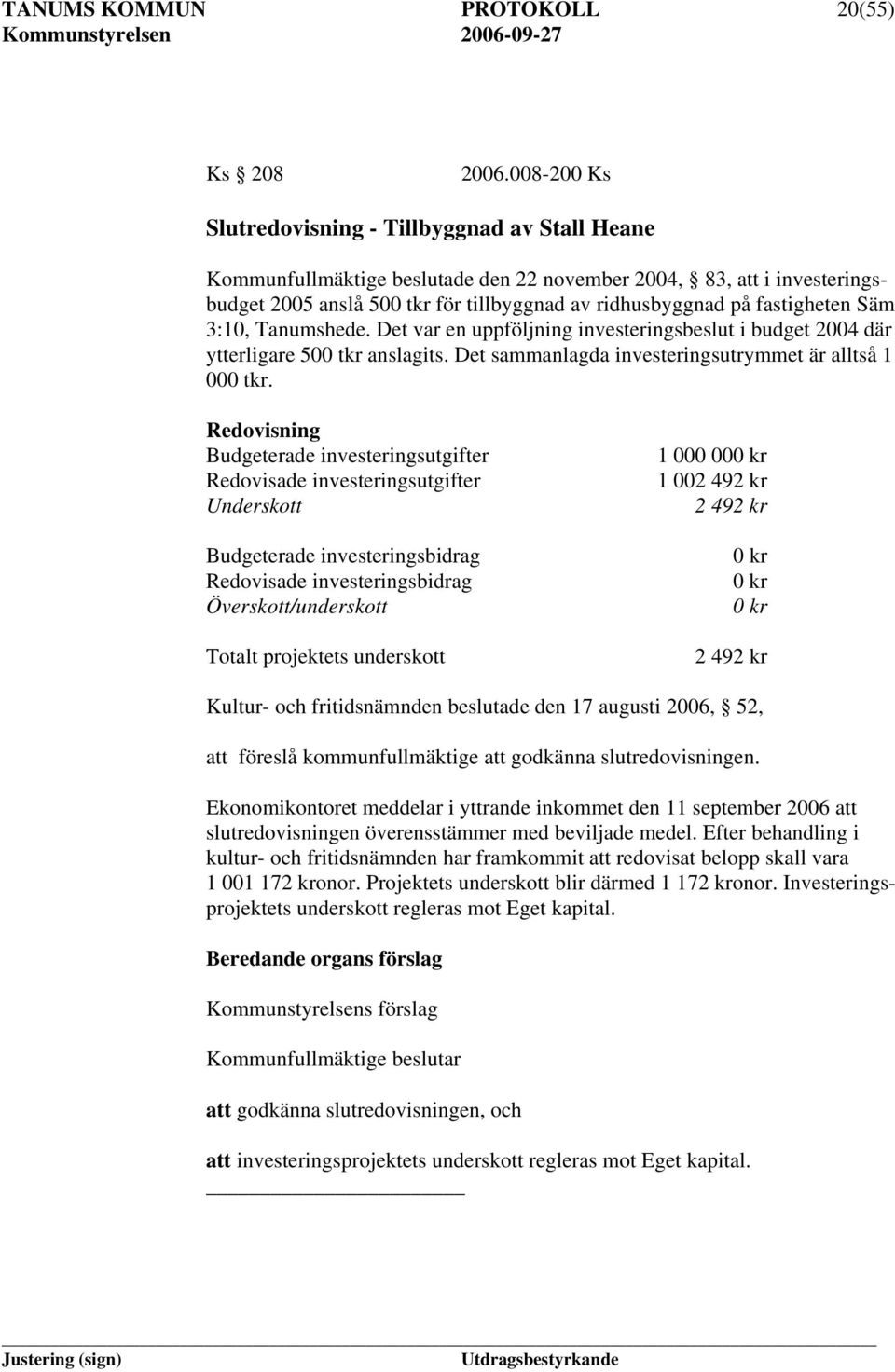 fastigheten Säm 3:10, Tanumshede. Det var en uppföljning investeringsbeslut i budget 2004 där ytterligare 500 tkr anslagits. Det sammanlagda investeringsutrymmet är alltså 1 000 tkr.