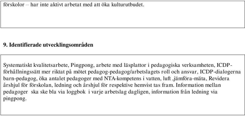 mer riktat på mötet pedagog-pedagog/arbetslagets roll och ansvar, ICDP-dialogerna barn-pedagog, öka antalet pedagoger med NTA-kompetens i