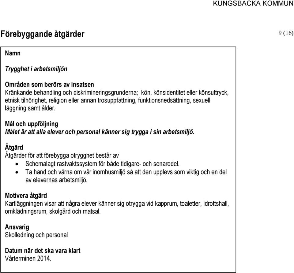 Åtgärd Åtgärder för att förebygga otrygghet består av Schemalagt rastvaktssystem för både tidigare- och senaredel.