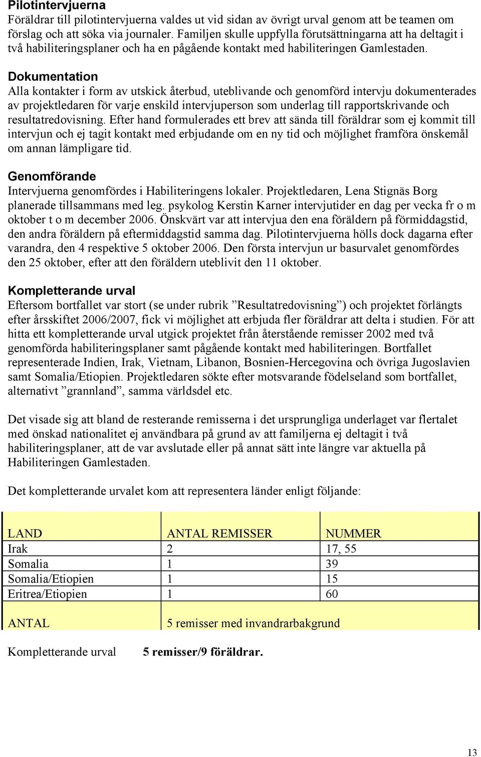 Dokumentation Alla kontakter i form av utskick återbud, uteblivande och genomförd intervju dokumenterades av projektledaren för varje enskild intervjuperson som underlag till rapportskrivande och