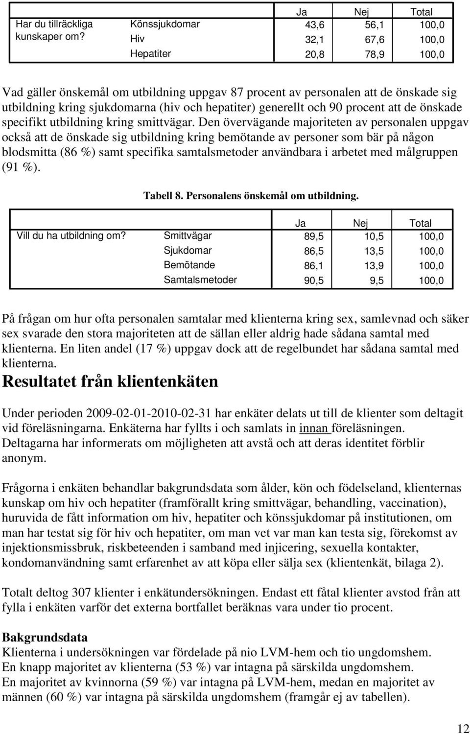 sjukdomarna (hiv och hepatiter) generellt och 90 procent att de önskade specifikt utbildning kring smittvägar.