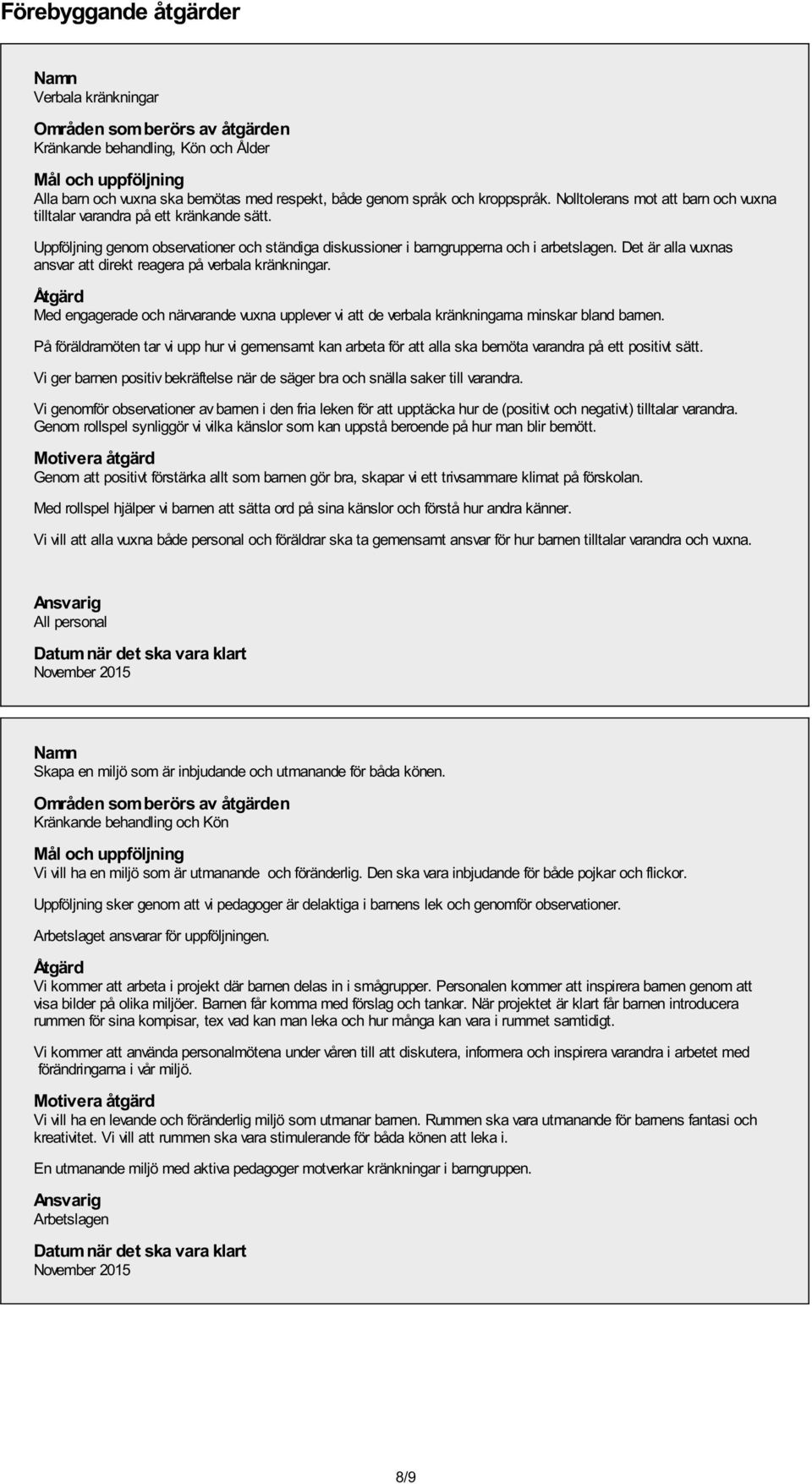 Det är alla vuxnas ansvar att direkt reagera på verbala kränkningar. Åtgärd Med engagerade och närvarande vuxna upplever vi att de verbala kränkningarna minskar bland barnen.