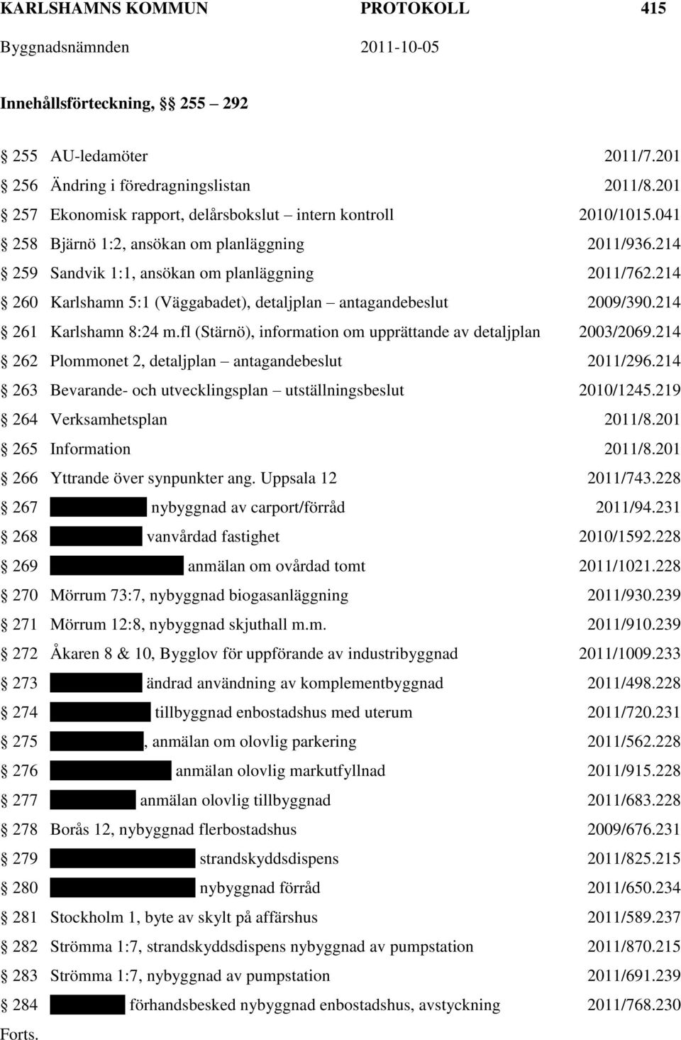 214 261 Karlshamn 8:24 m.fl (Stärnö), information om upprättande av detaljplan 2003/2069.214 262 Plommonet 2, detaljplan antagandebeslut 2011/296.