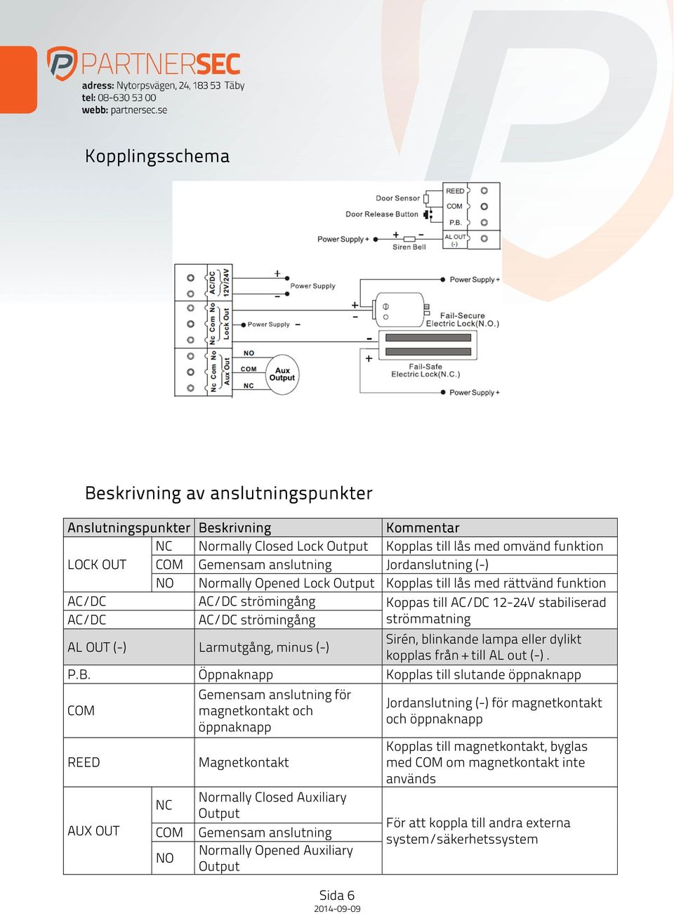 Larmutgång, minus (-) Sirén, blinkande lampa eller dylikt kopplas från + till AL out (-). P.B.