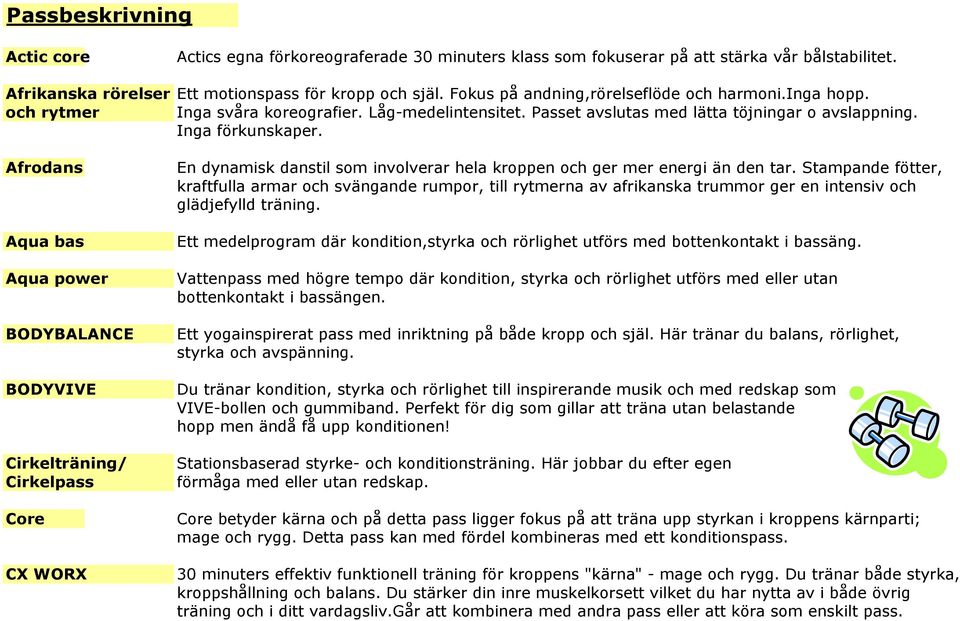 Afrodans Aqua bas Aqua power BODYBALANCE BODYVIVE Cirkelträning/ Cirkelpass Core CX WORX En dynamisk danstil som involverar hela kroppen och ger mer energi än den tar.