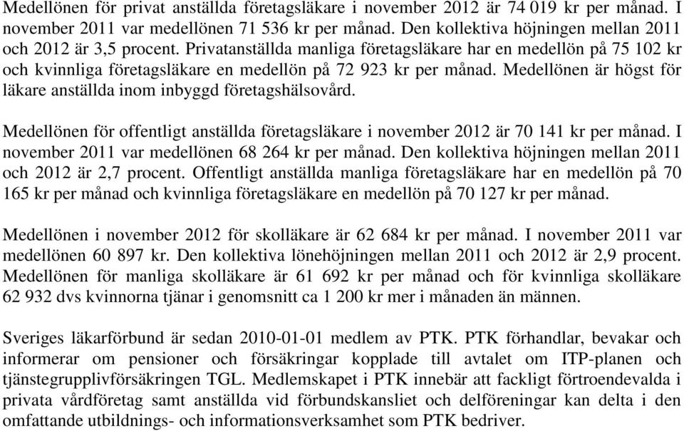 Medellönen är högst för läkare anställda inom inbyggd företagshälsovård. Medellönen för offentligt anställda företagsläkare i november 2012 är 70 141 kr per månad.