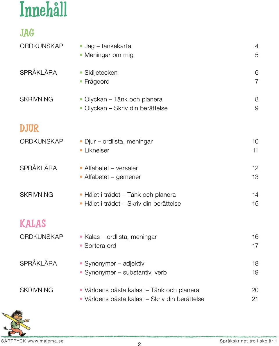 planera 14 Hålet i trädet Skriv din berättelse 15 KALAS ORDKUNSKAP Kalas ordlista, meningar 16 Sortera ord 17 SPRÅKLÄRA Synonymer adjektiv 18 Synonymer