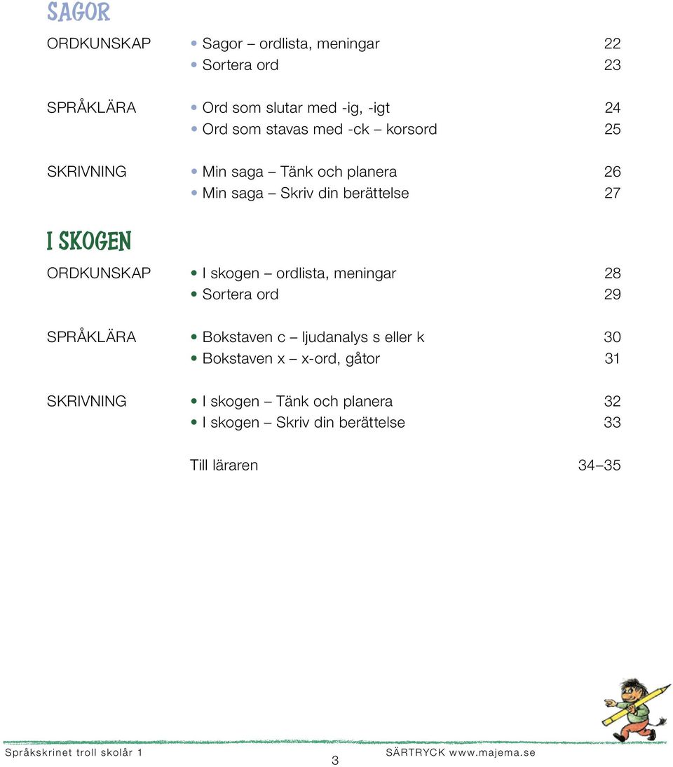ordlista, meningar 28 Sortera ord 29 SPRÅKLÄRA Bokstaven c ljudanalys s eller k 30 Bokstaven x x-ord, gåtor 31 SKRIVNING I
