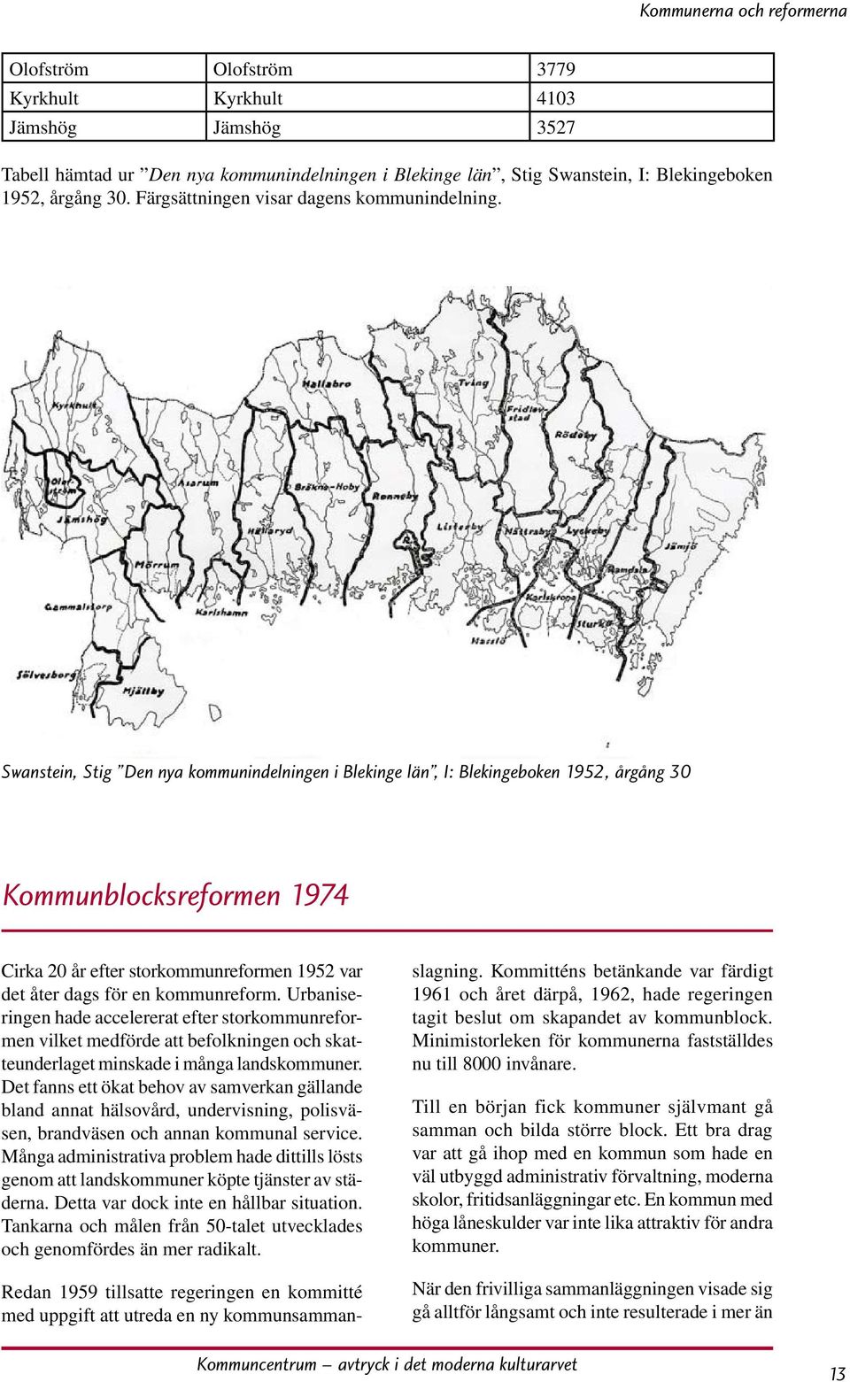 Swanstein, Stig Den nya kommunindelningen i Blekinge län, I: Blekingeboken 1952, årgång 30 Kommunblocksreformen 1974 Cirka 20 år efter storkommunreformen 1952 var det åter dags för en kommunreform.