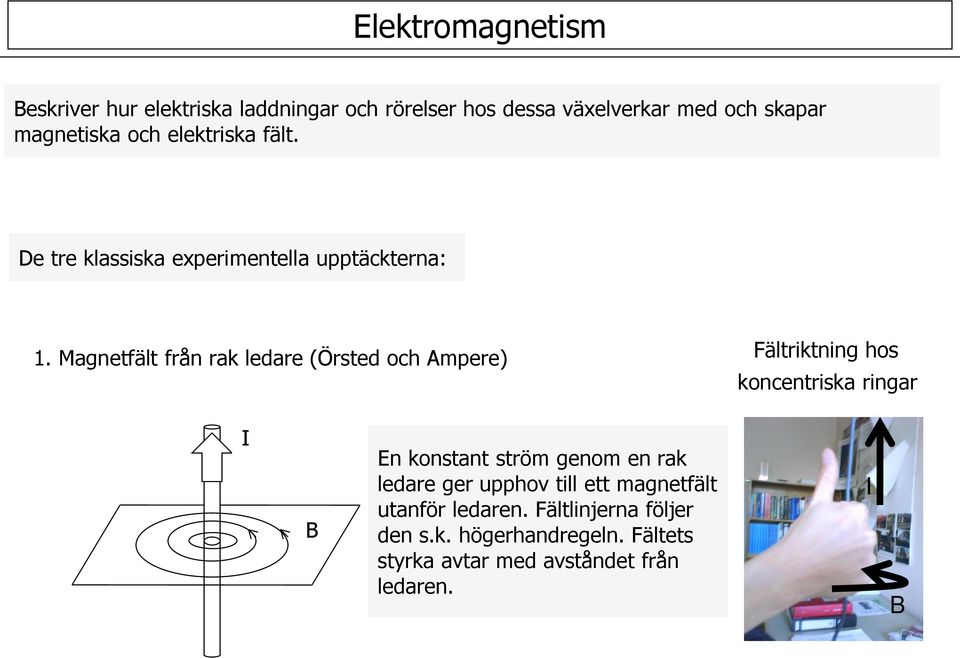 Magnetfält från rak ledare (Örsted och Ampere) Fältriktning hos koncentriska ringar En konstant ström genom en