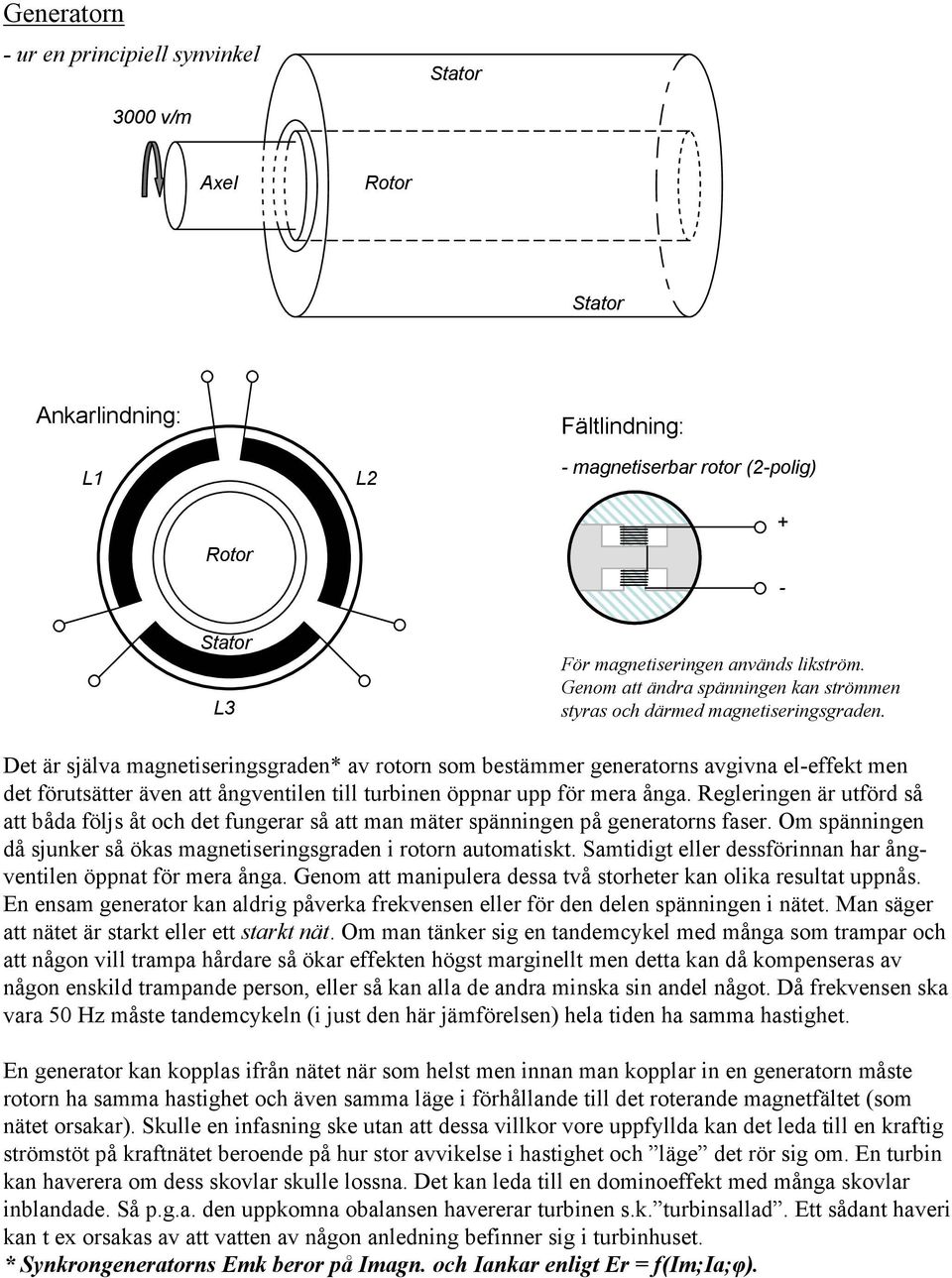 - Det är själva magnetiseringsgraden* av rotorn som bestämmer generatorns avgivna el-effekt men det förutsätter även att ångventilen till turbinen öppnar upp för mera ånga.