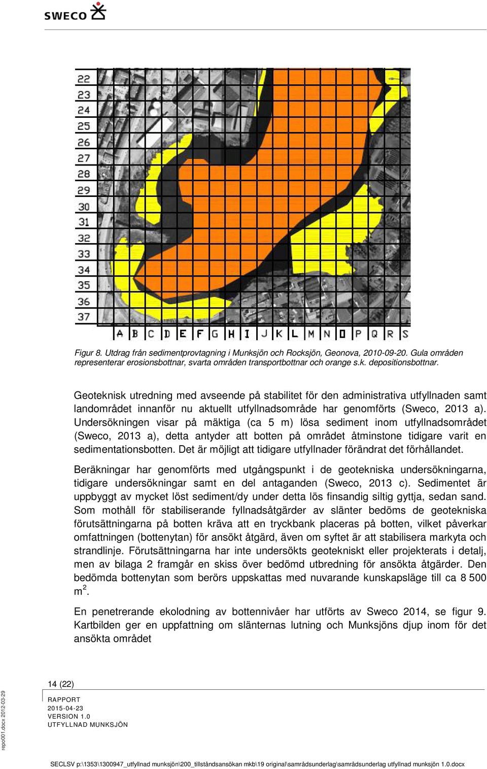 Undersökningen visar på mäktiga (ca 5 m) lösa sediment inom utfyllnadsområdet (Sweco, 2013 a), detta antyder att botten på området åtminstone tidigare varit en sedimentationsbotten.