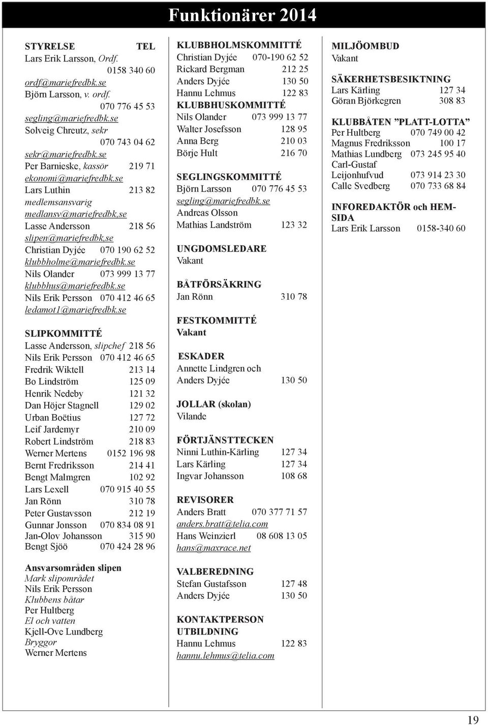 se Lars Luthin 213 82 medlemsansvarig medlansv@mariefredbk,se Lasse Andersson 218 56 slipen@mariefredbk,se Christian Dyjée 070 190 62 52 klubbholme@mariefredbk.