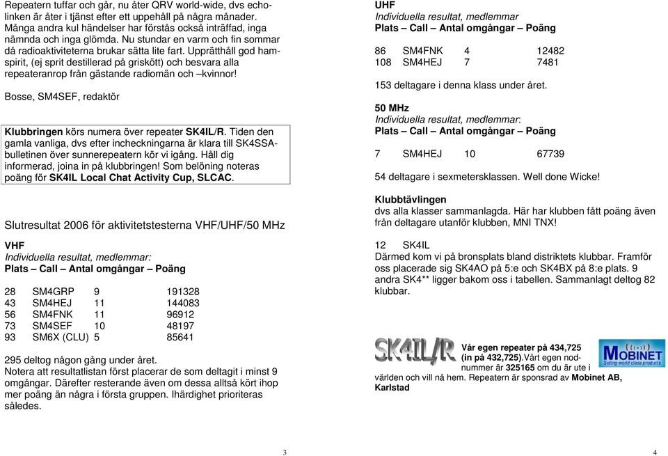 Upprätthåll god hamspirit, (ej sprit destillerad på griskött) och besvara alla repeateranrop från gästande radiomän och kvinnor! Bosse, SM4SEF, redaktör Klubbringen körs numera över repeater SK4IL/R.