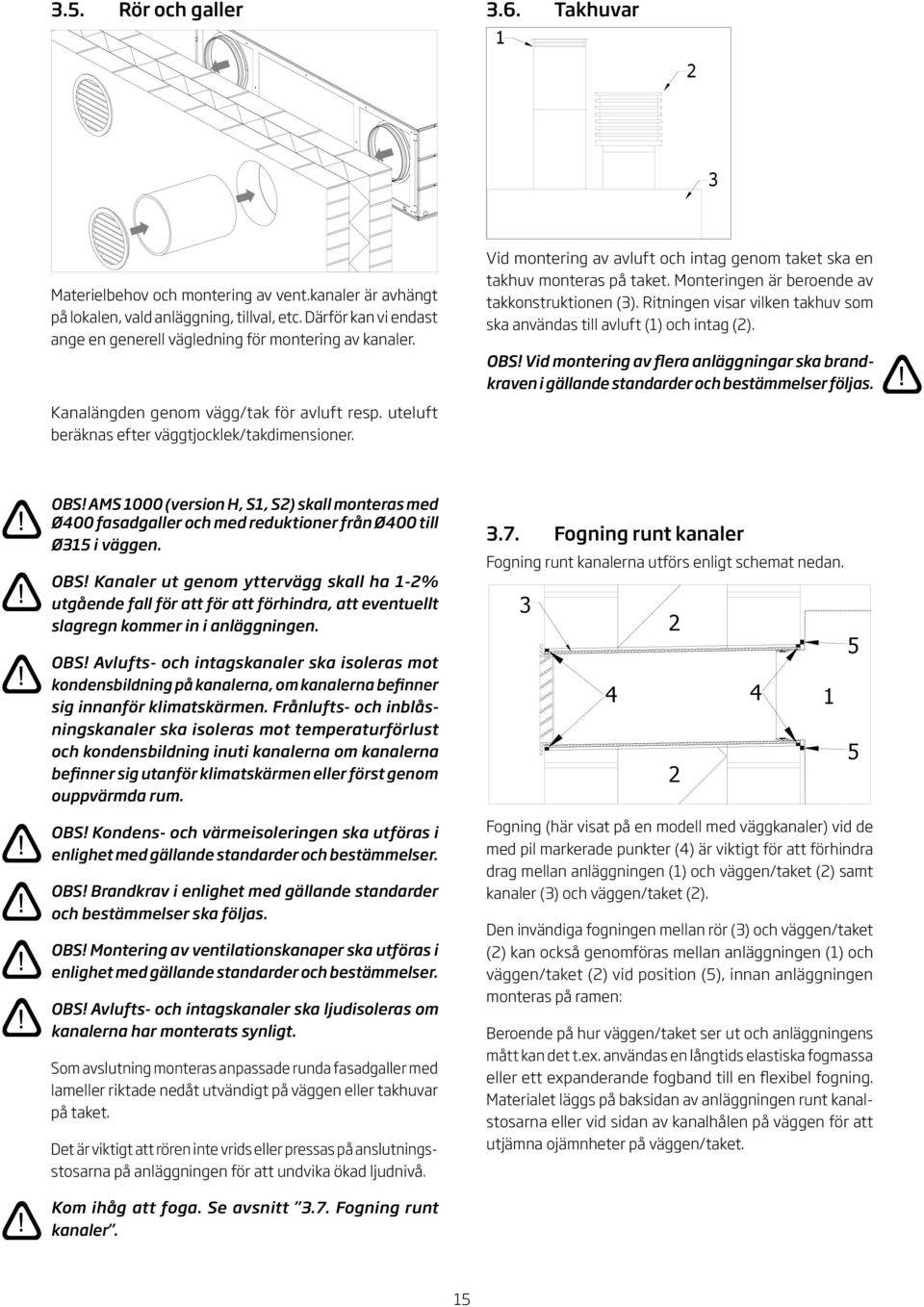 Monteringen är beroende av takkonstruktionen (). Ritningen visar vilken takhuv som ska användas till avluft () och intag (). OS!