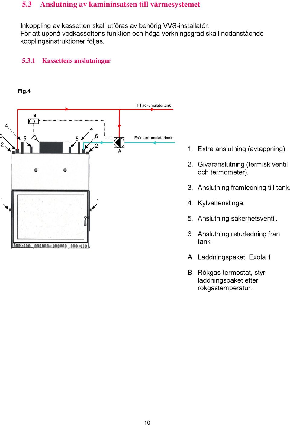 4 B Till ackumulatortank 3 2 4 5 5 4 6 2 A Från ackumulatortank 1. Extra anslutning (avtappning). 2. Givaranslutning (termisk ventil och termometer). 3. Anslutning framledning till tank.