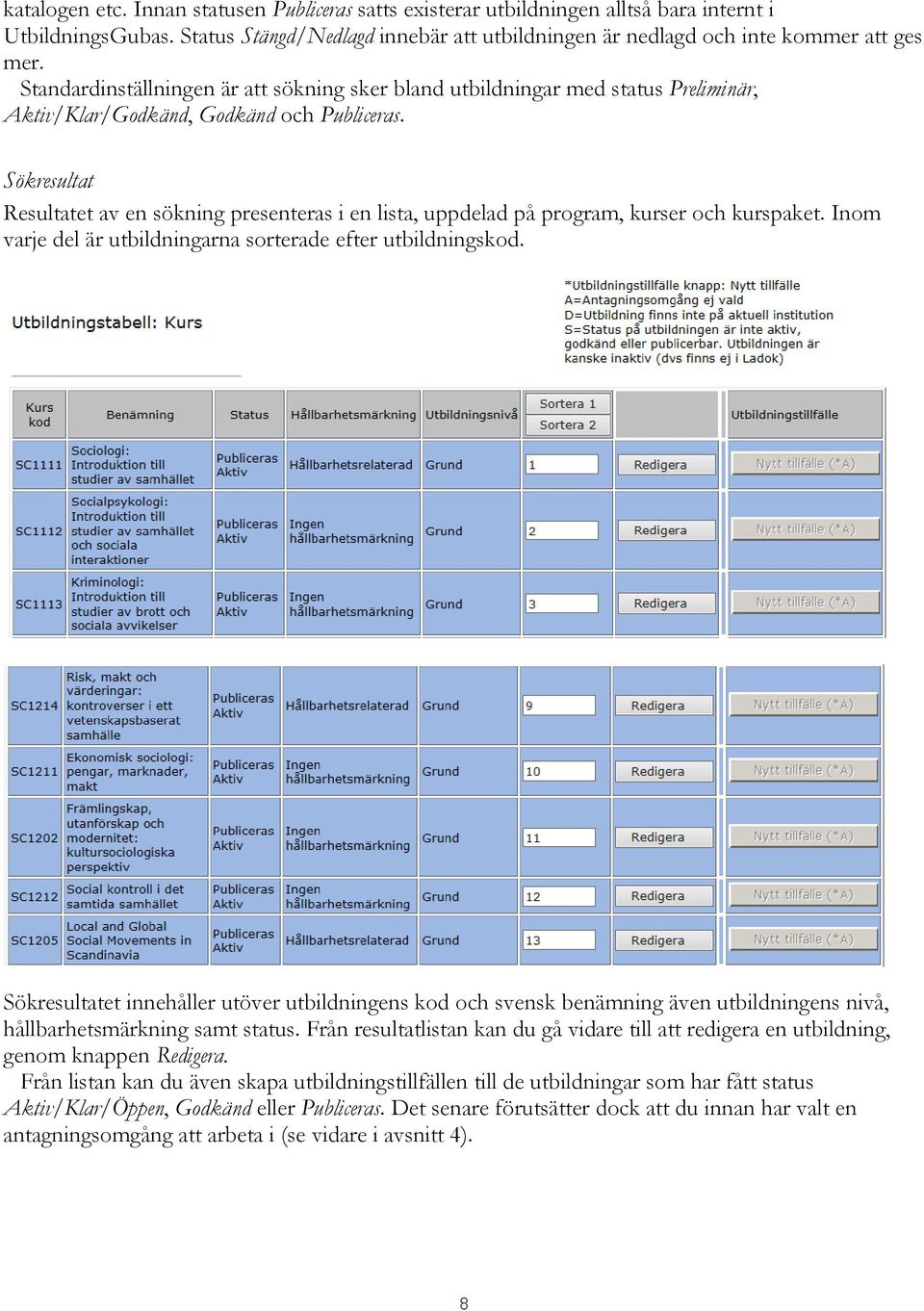 Sökresultat Resultatet av en sökning presenteras i en lista, uppdelad på program, kurser och kurspaket. Inom varje del är utbildningarna sorterade efter utbildningskod.