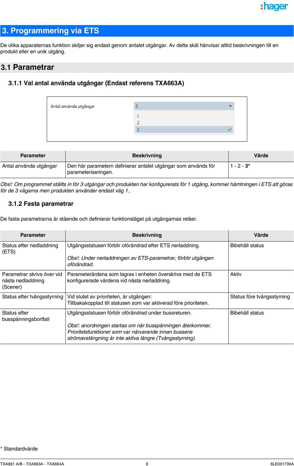 1-2 - 3* Obs!: Om programme sälls in för 3 ugångar och produken har konfigureras för 1 ugång, kommer hämningen i ETS a göras för de 3 vägarna men produken använder endas väg 1.. 3.1.2 Fasa paramerar De fasa paramerarna är sående och definierar funkionsläge på ugångarnas reläer.