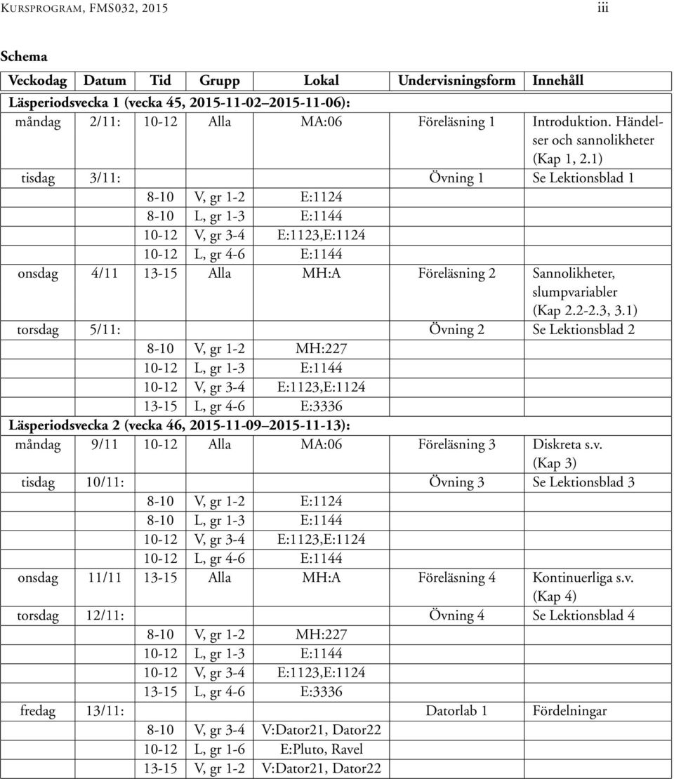 3, 3.1) torsdag 5/11: Övning 2 Se Lektionsblad 2 Läsperiodsvecka 2 (vecka 46, 2015-11-09 2015-11-13): måndag 9/11 10-12 Alla MA:06 Föreläsning 3 Diskreta s.v. (Kap 3) tisdag 10/11: Övning 3 Se Lektionsblad 3 onsdag 11/11 13-15 Alla MH:A Föreläsning 4 Kontinuerliga s.