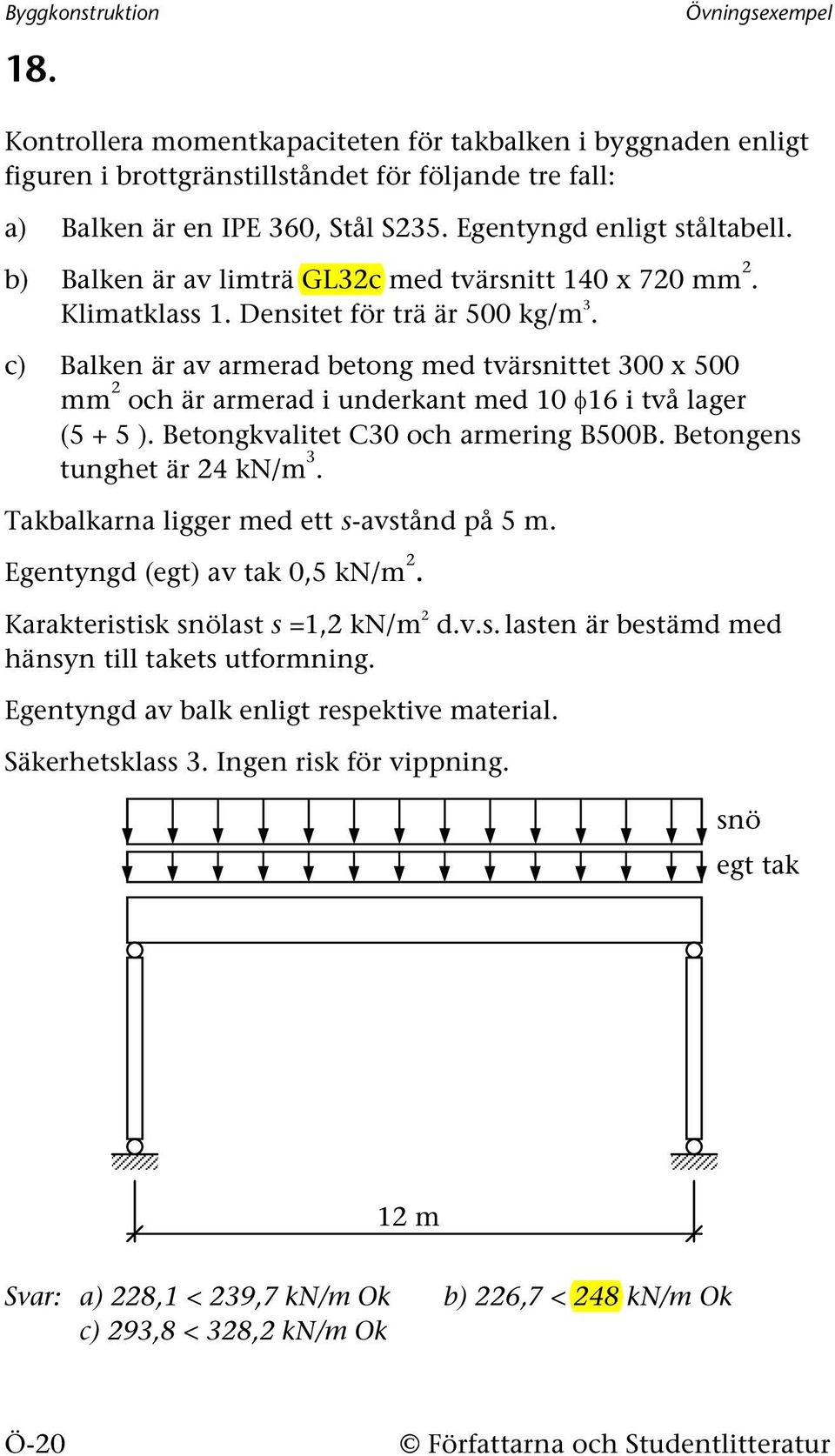 c) Balken är av armerad betong med tvärsnittet 300 x 500 mm och är armerad i underkant med 10 φ16 i två lager (5 + 5 ). Betongkvalitet C30 och armering B500B. Betongens tunghet är 4 kn/m 3.