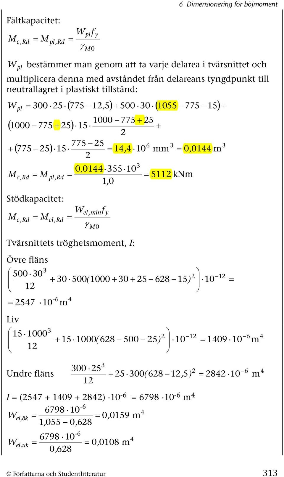 511 knm + Stödkapacitet: c,rd el,rd W γ el,min 0 f y Tvärsnittets tröghetsmoment, I: Övre fläns 3 500 30 + 30 500( 1000 + 30 + 5 68 15) 1-6 547 10 m 4 10 1 Liv 10 3 15 1000 1 6 1 + 15 1000( 68 500 5)