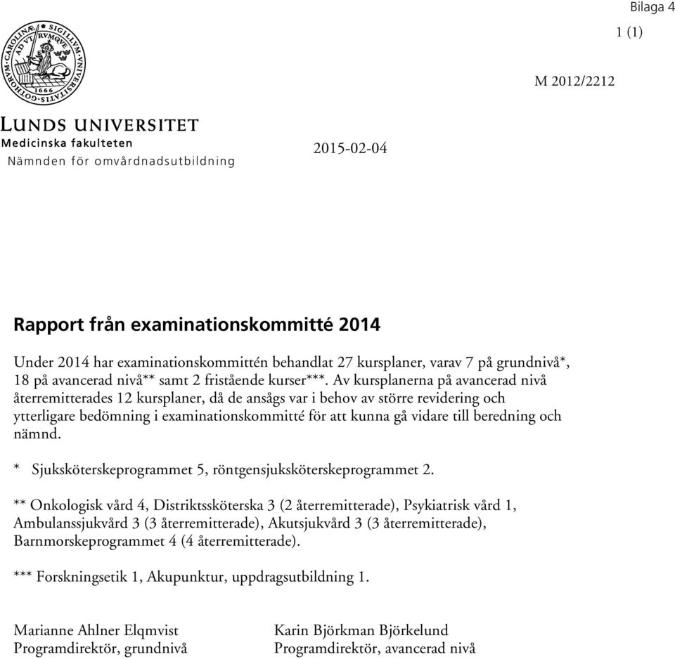 Av kursplanerna på avancerad nivå återremitterades 12 kursplaner, då de ansågs var i behov av större revidering och ytterligare bedömning i examinationskommitté för att kunna gå vidare till beredning