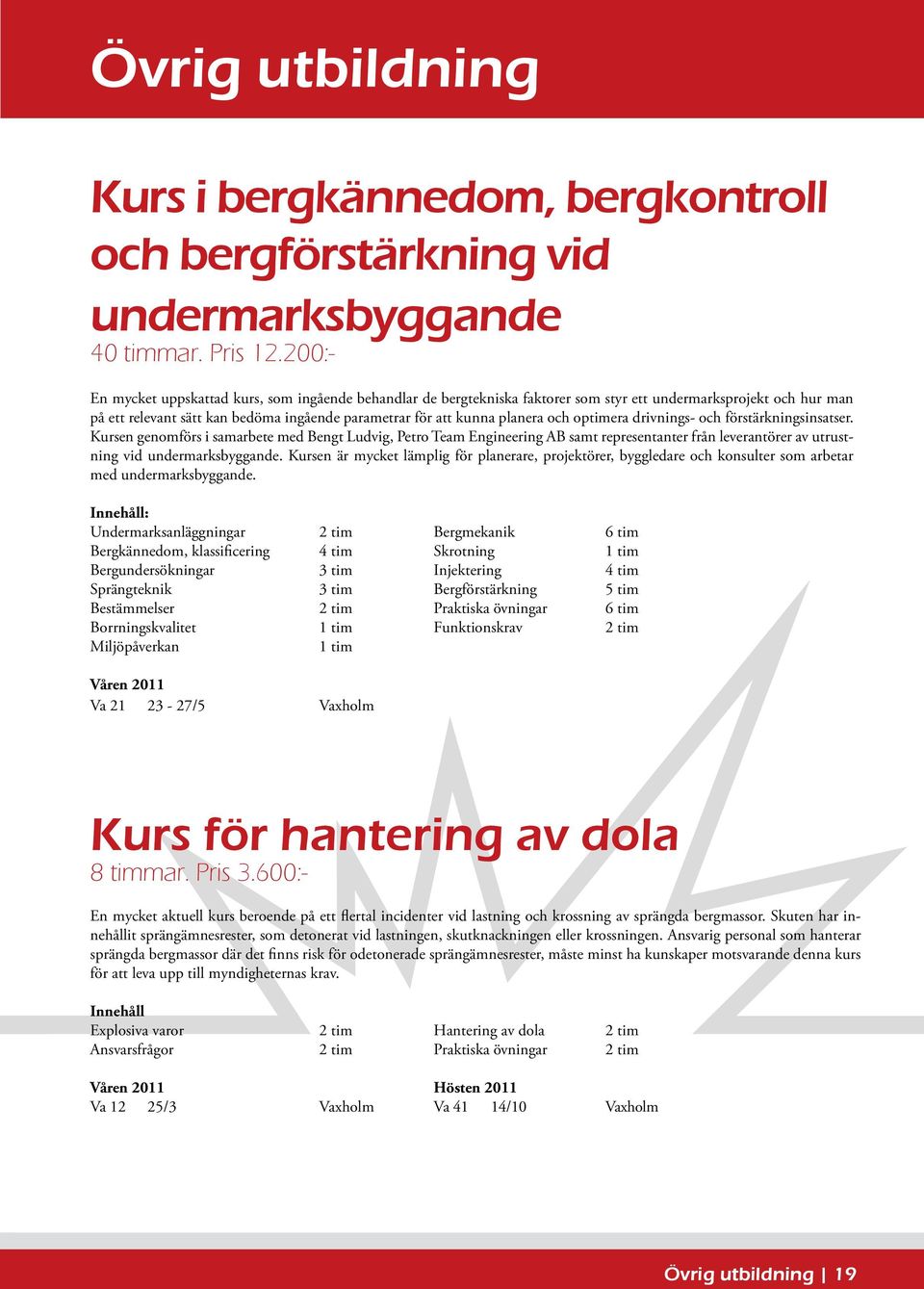 och optimera drivnings- och förstärkningsinsatser. Kursen genomförs i samarbete med Bengt Ludvig, Petro Team Engineering AB samt representanter från leverantörer av utrustning vid undermarksbyggande.