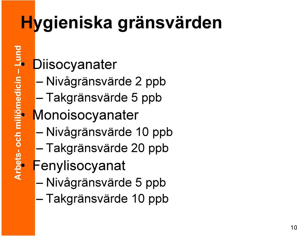 Monoisocyanater Nivågränsvärde 10 ppb