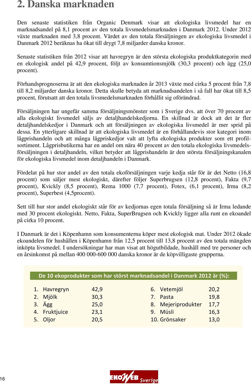 Senaste statistiken från 2012 visar att havregryn är den största ekologiska produktkategorin med en ekologisk andel på 42,9 procent, följt av konsumtionsmjölk (30,3 procent) och ägg (25,0 procent).