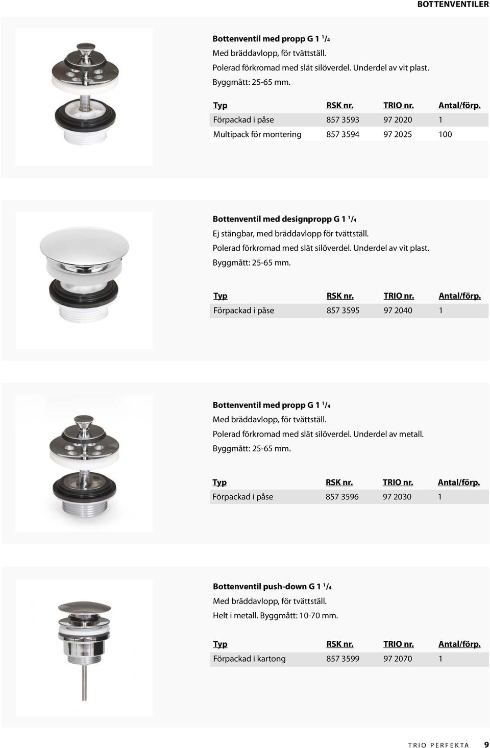 Polerad förkromad med slät silöverdel. Underdel av vit plast. Byggmått: 25-65 mm. Förpackad i påse 857 3595 97 2040 1 Bottenventil med propp G 1 1 /4 Med bräddavlopp, för tvättställ.